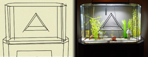 One of the original sketches of the Safe Haven Fishure fish tanks compared to the final version